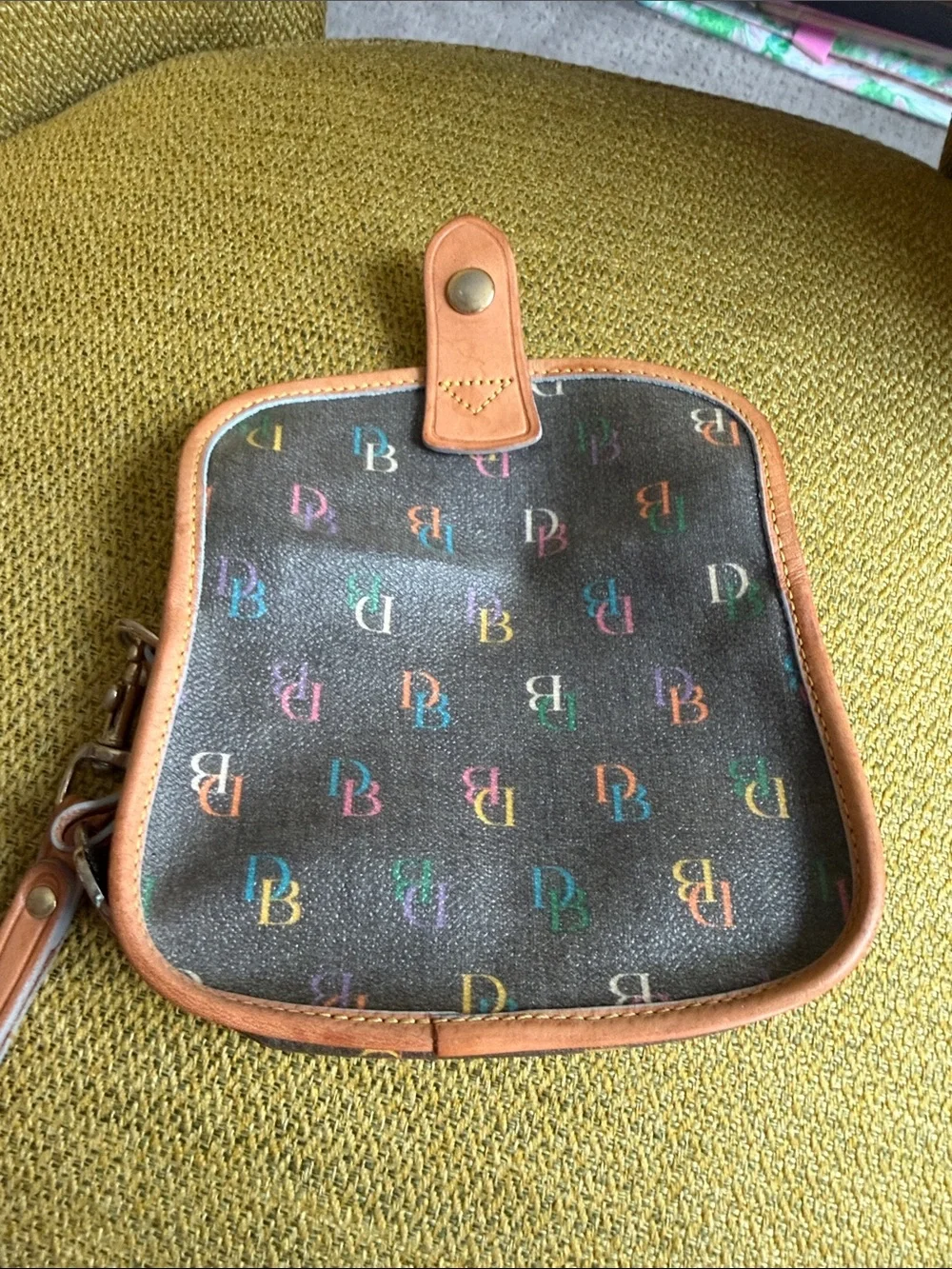 Dooney & Bourke Black Multicolor Monogram Wristlet with Tan Trim